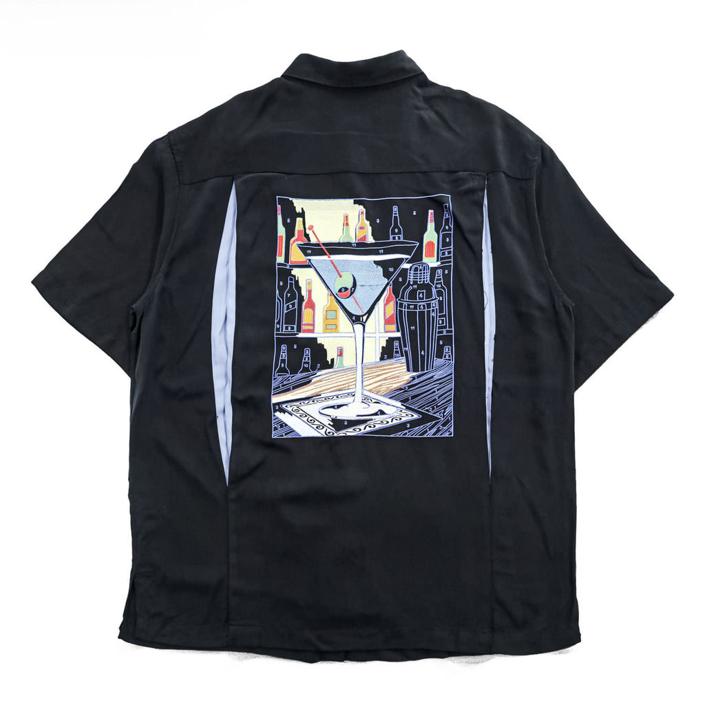 Tori Richard Honolulu Black Silk Lyocell Martini Cocktail Back Graphic Short Sleeve Shirt