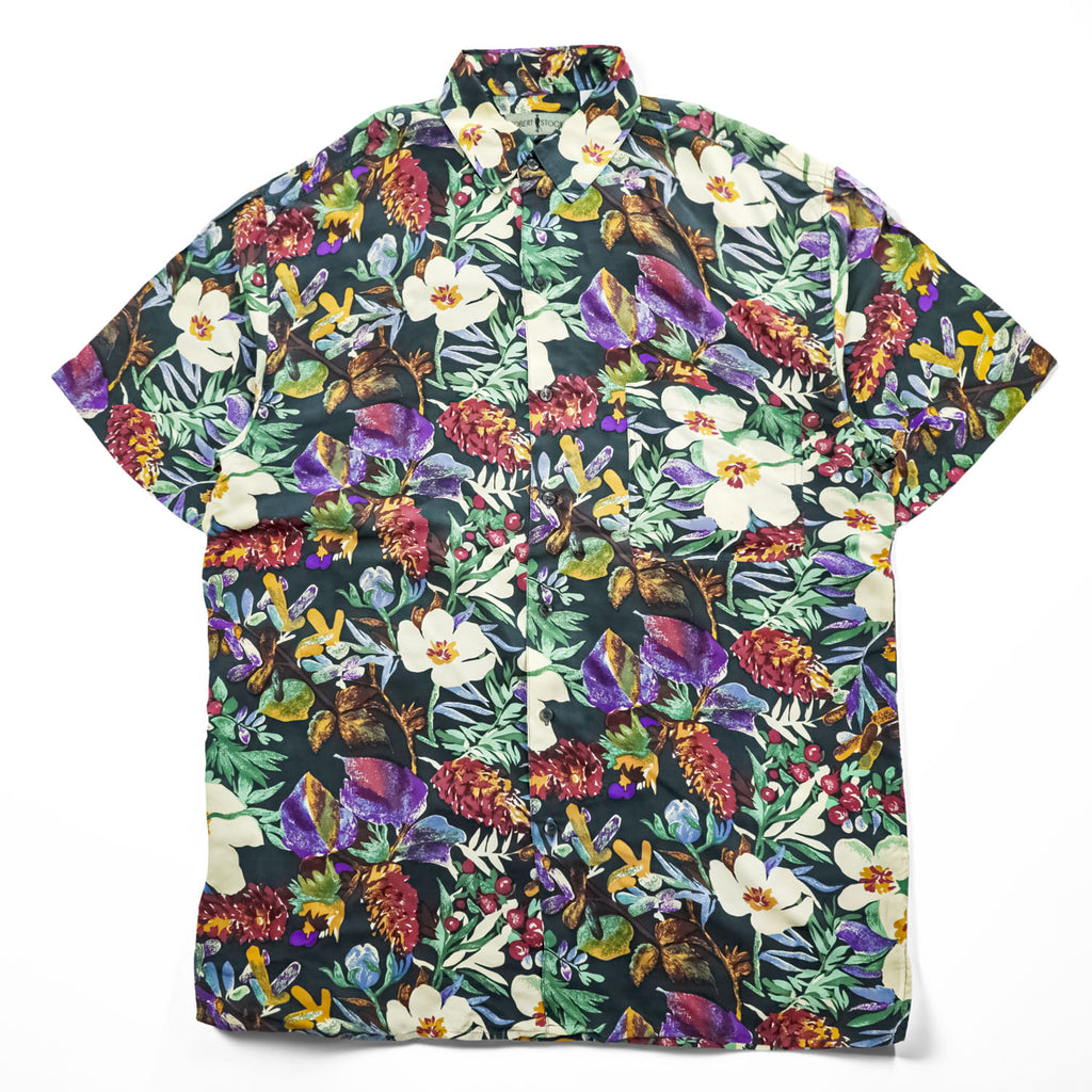 Vintage 90s Robert Stock 100% Silk Floral Botanical Hawaiian Shirt Men’s L Black Multicolor