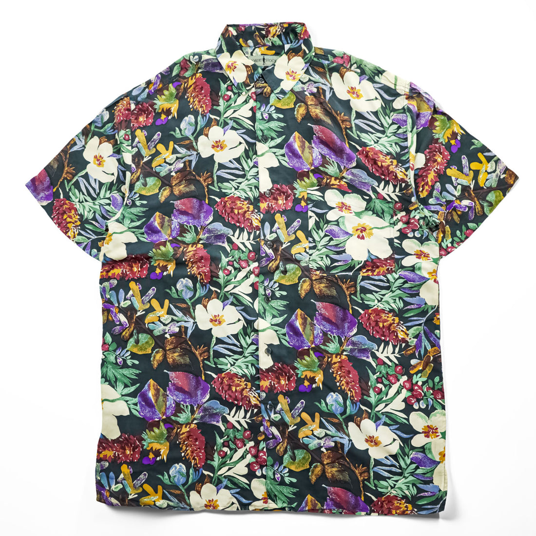 Vintage 90s Robert Stock 100% Silk Floral Botanical Hawaiian Shirt Men’s L Black Multicolor