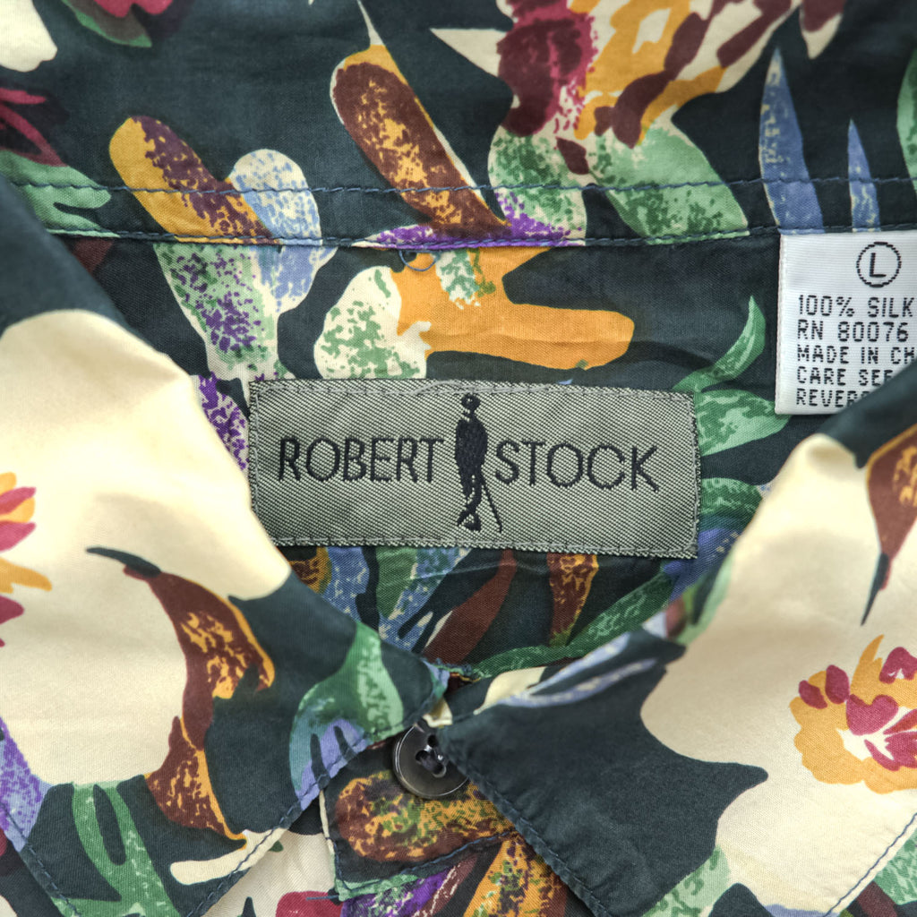 Vintage 90s Robert Stock 100% Silk Floral Botanical Hawaiian Shirt Men’s L Black Multicolor