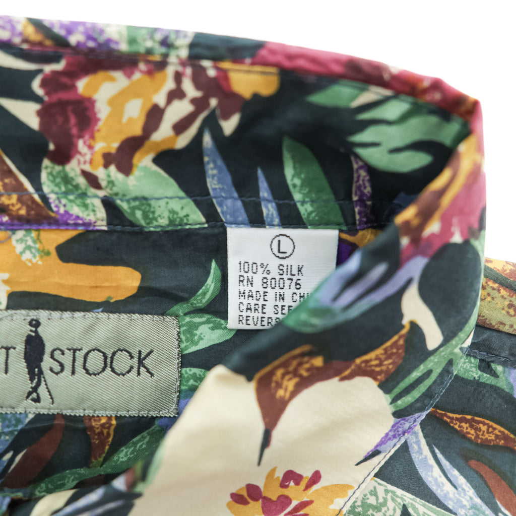 Vintage 90s Robert Stock 100% Silk Floral Botanical Hawaiian Shirt Men’s L Black Multicolor
