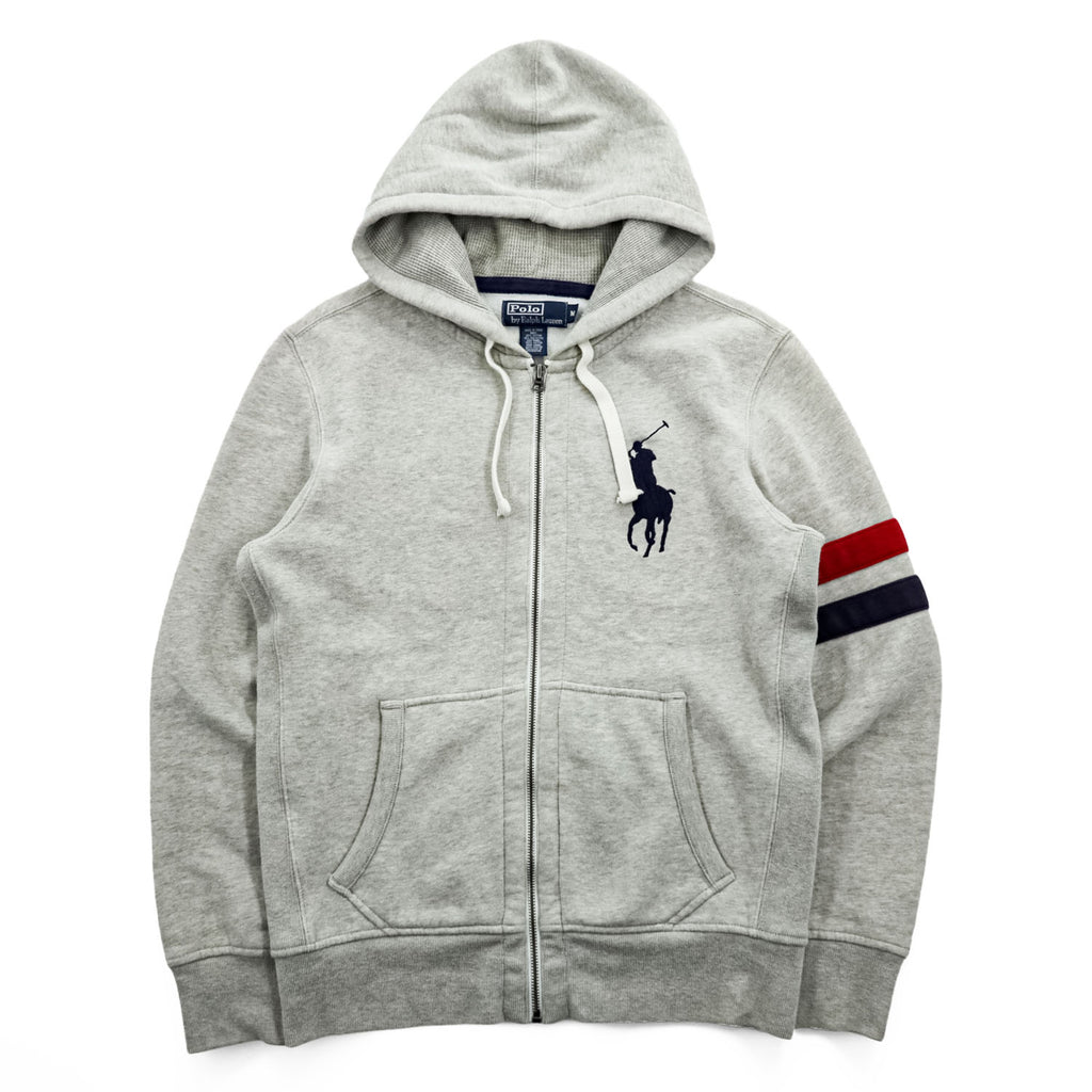 Polo by Ralph Lauren 90s Big Pony Full Zip Hoodie Gray Fleece Sweatshirt Arm Stripe Men’s M