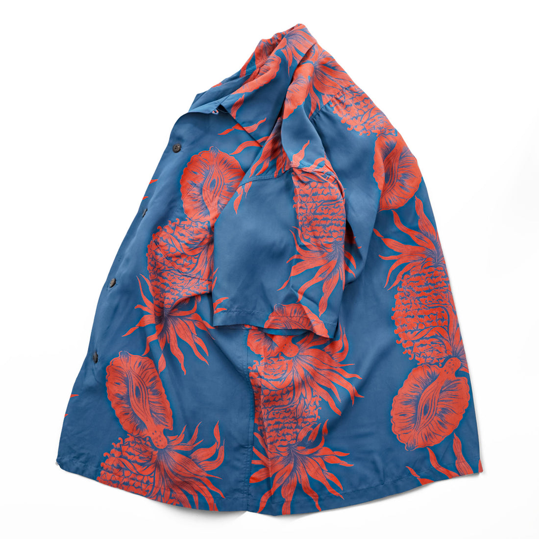 Sun Surf SS35551 Rayon Hawaiian Aloha Shirt Blue Red Pineapple Hibiscus Print Made in Japan Men’s M