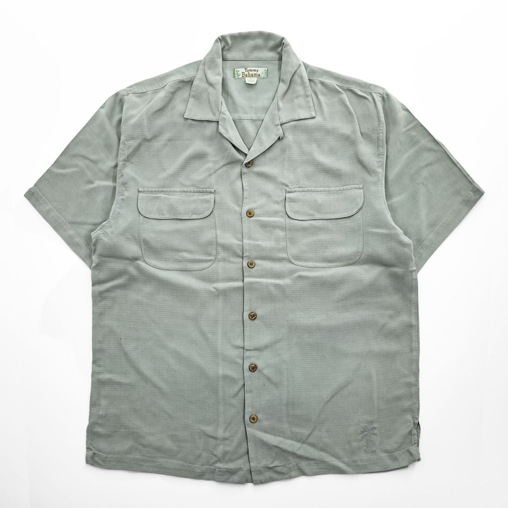 Tommy Bahama 100% Silk Camp Shirt Gray Sage Short Sleeve Open Collar Resort Shirt Men’s M