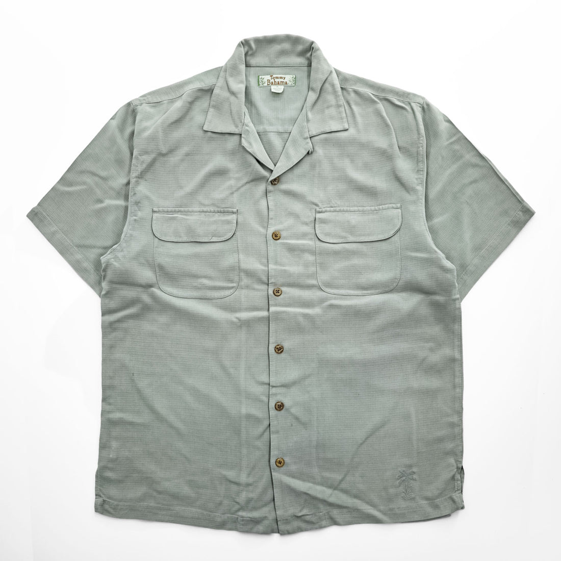 Tommy Bahama 100% Silk Camp Shirt Gray Sage Short Sleeve Open Collar Resort Shirt Men’s M