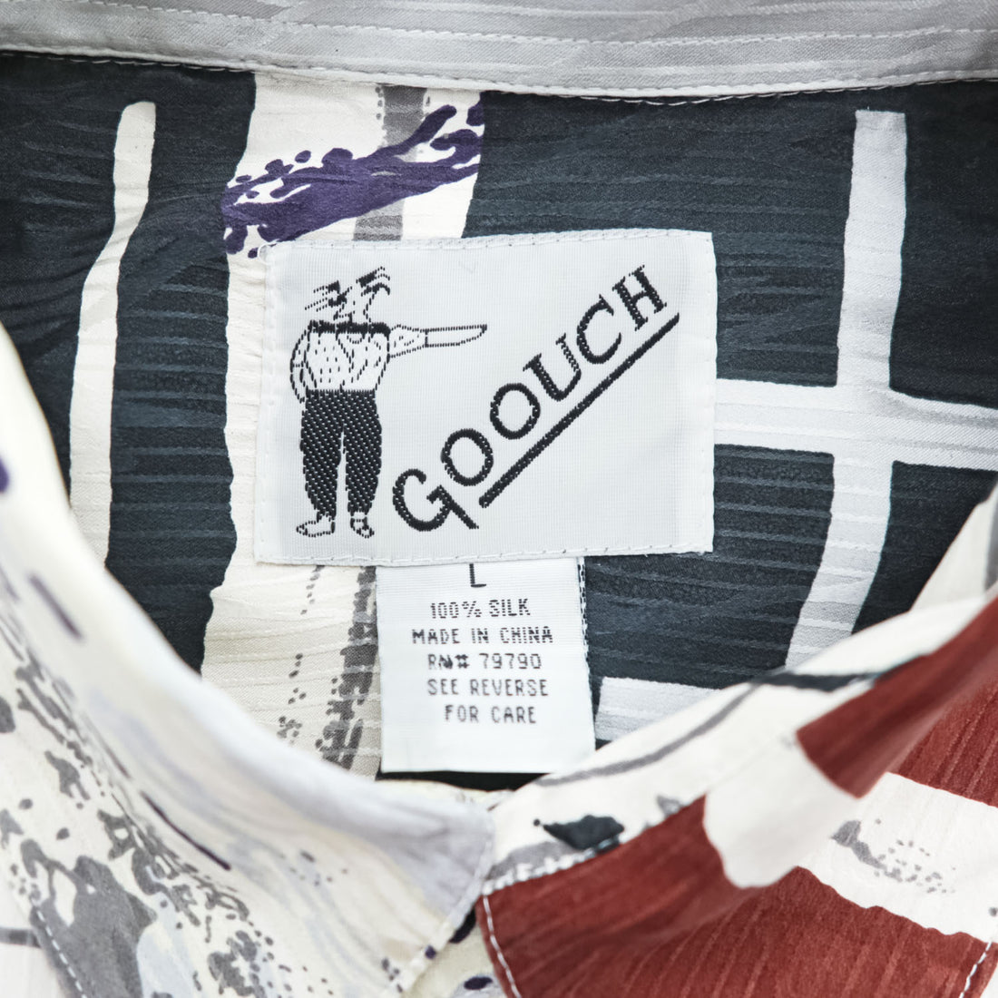 GOOUCH 90年代 ヴィンテージ 半袖 シルク シャツ L ネイビー ホワイト 総柄
