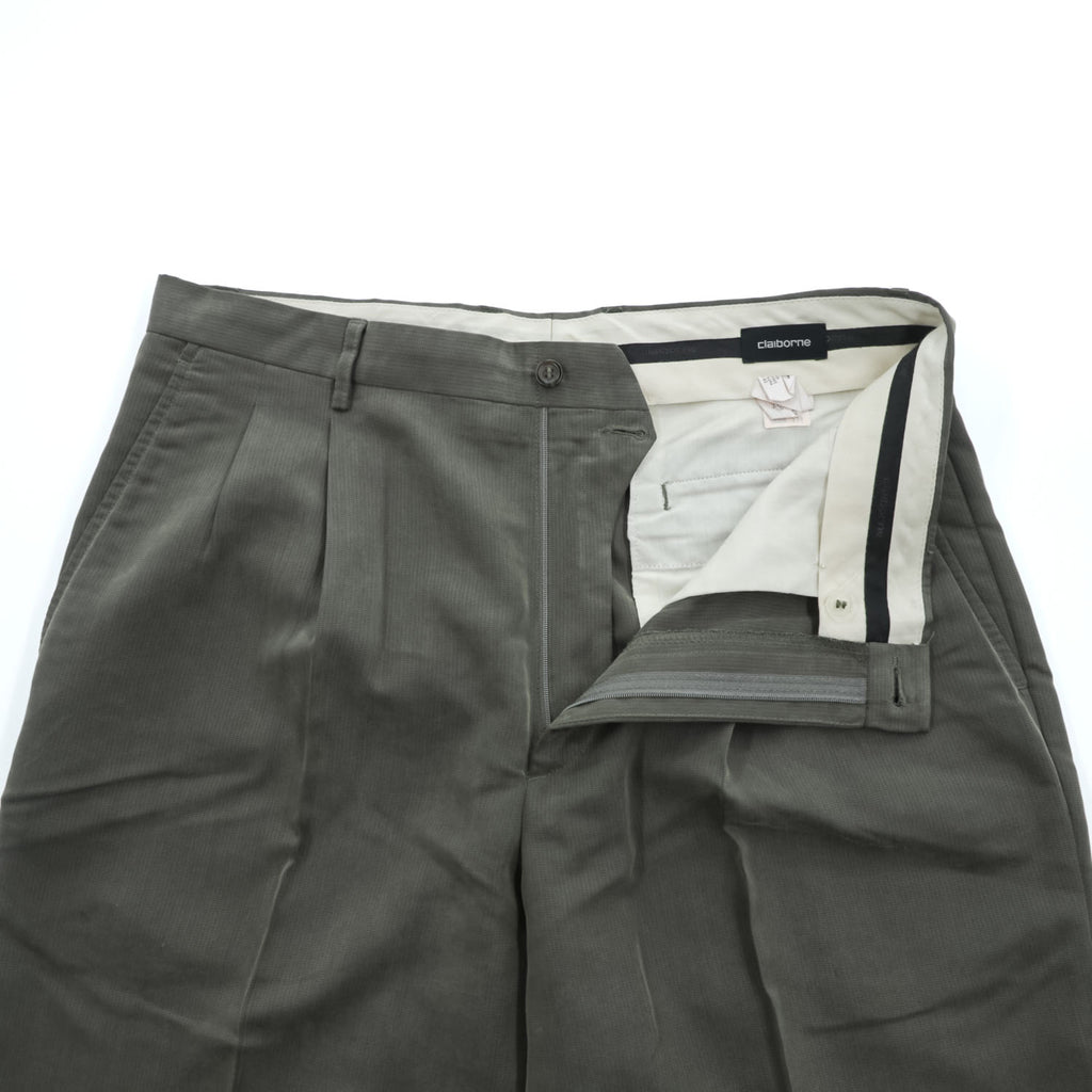 90年代 ヴィンテージ 2タック ワイド スラックス Claiborne W34 L32 オリーブ グレーグリーン プリーツ ダブルカフス テーパード パンツ
