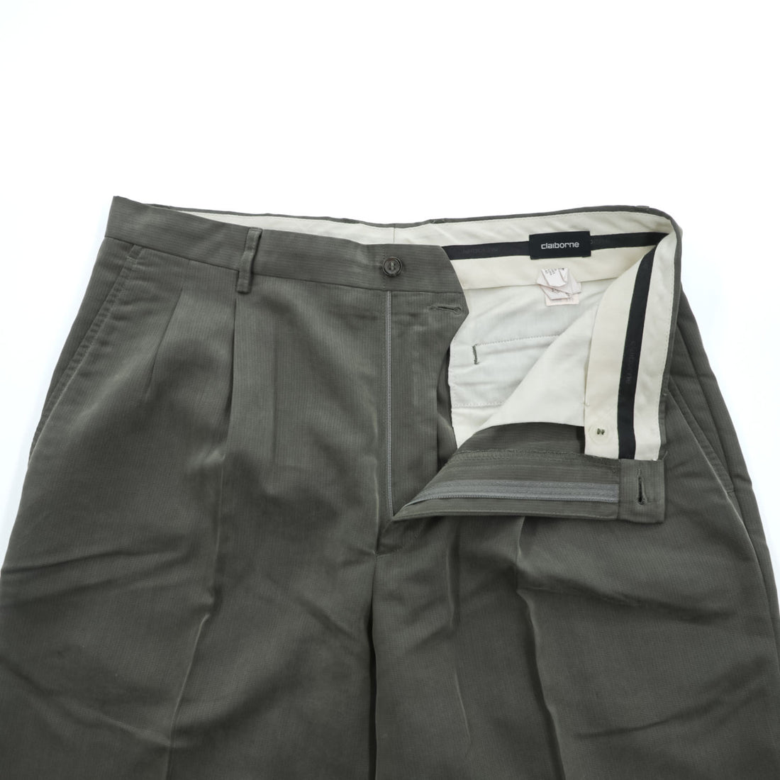 90年代 ヴィンテージ 2タック ワイド スラックス Claiborne W34 L32 オリーブ グレーグリーン プリーツ ダブルカフス テーパード パンツ