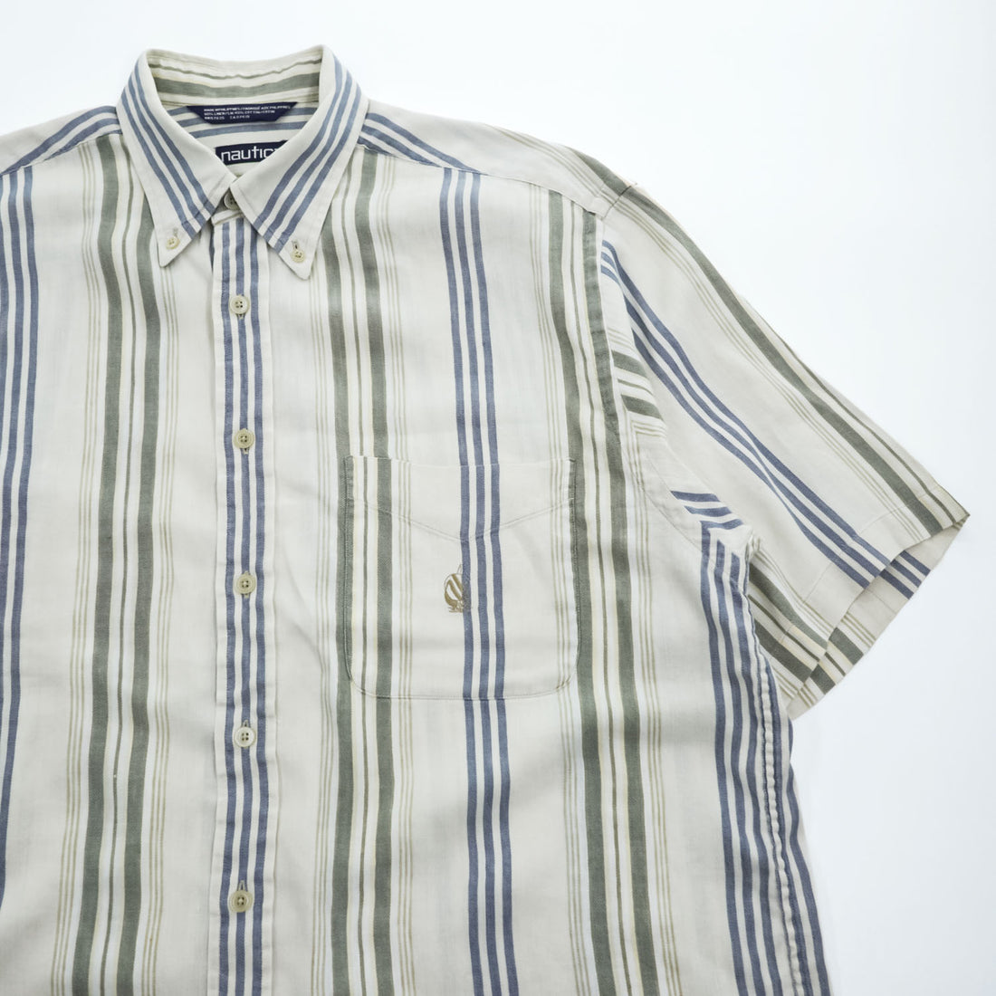 NAUTICA 90年代 ヴィンテージ 半袖 リネン シャツ ビッグサイズ L マルチストライプ 麻 ボタンダウン 胸ポケット