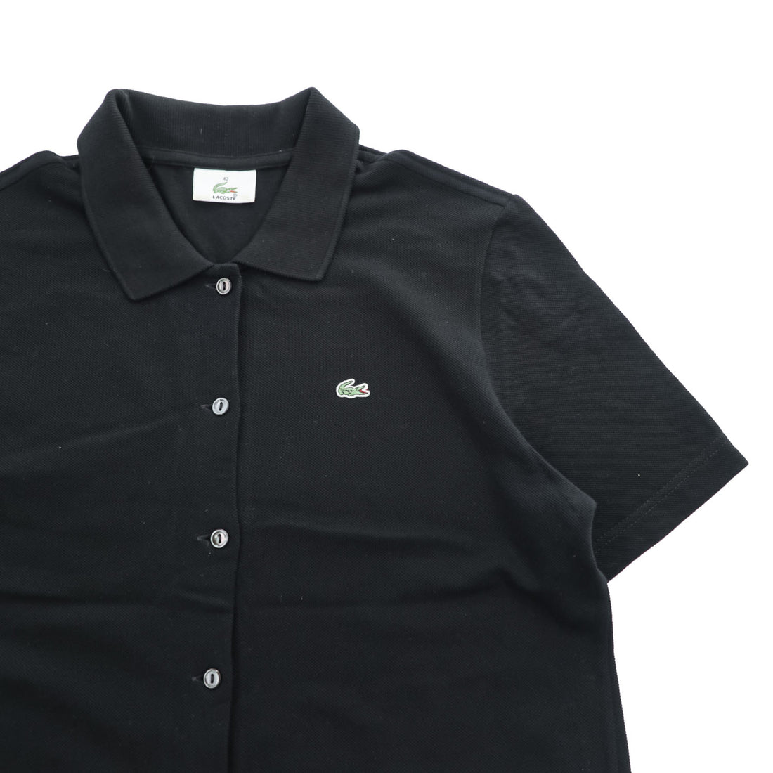 LACOSTE ポロシャツワンピース L ブラック 鹿の子 フルボタン 前開き ロング ワニ刺繍