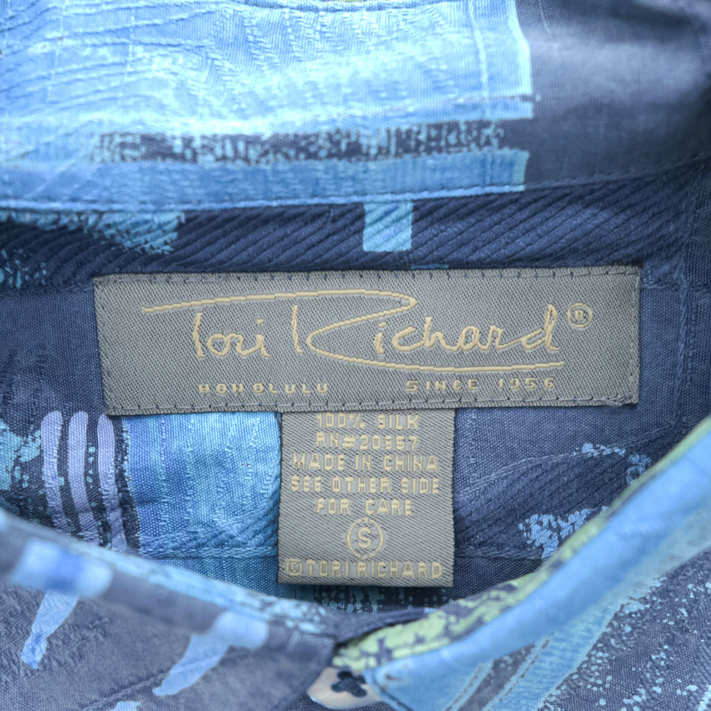 Tori Richard 90年代 ヴィンテージ アロハシャツ 100%シルク 半袖シャツ S ブルー 総柄 Halekulani ハレクラニ