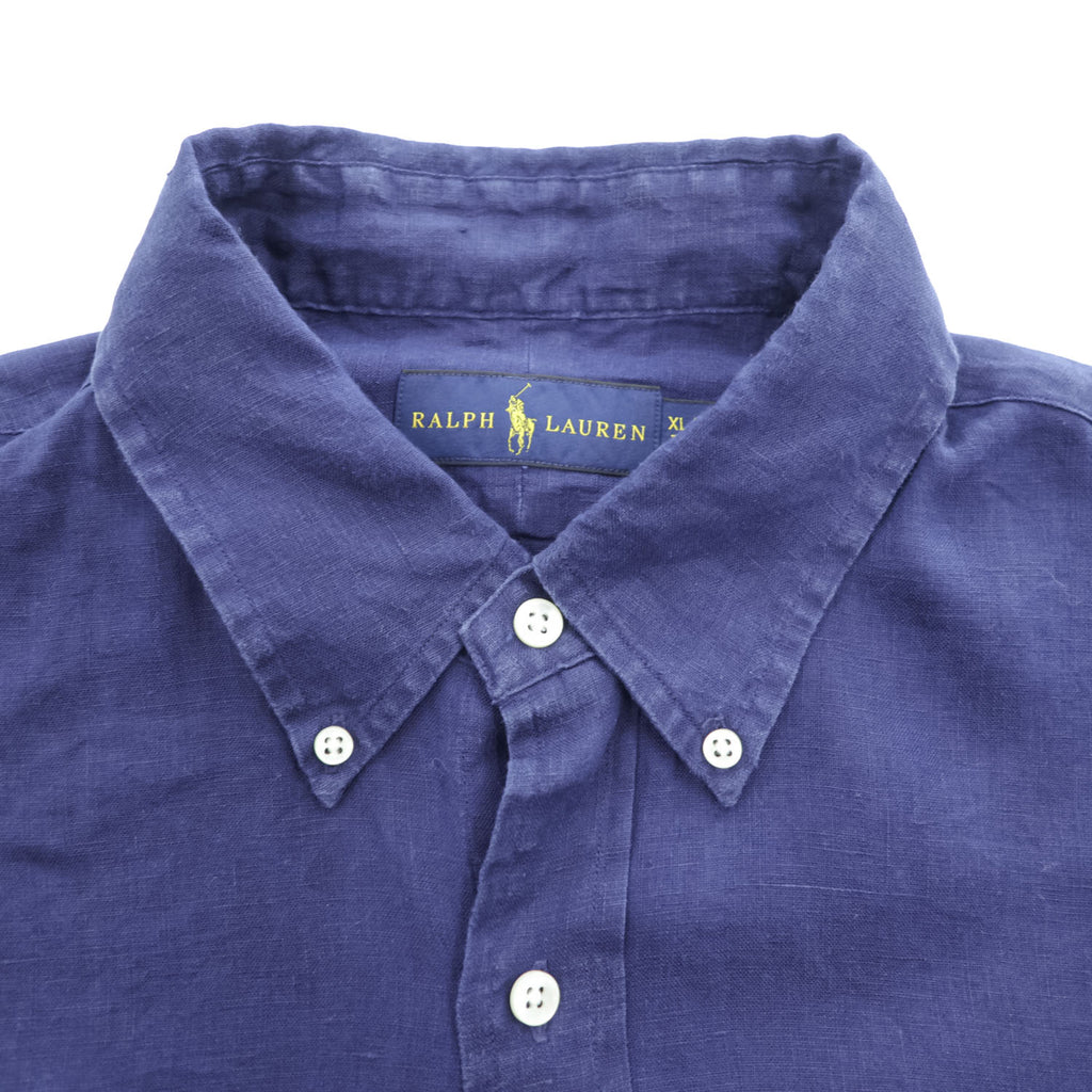 Ralph Lauren リネン100% 半袖シャツ XL ネイビー 麻 スモールポニー ロゴ 刺繍 ボタンダウン