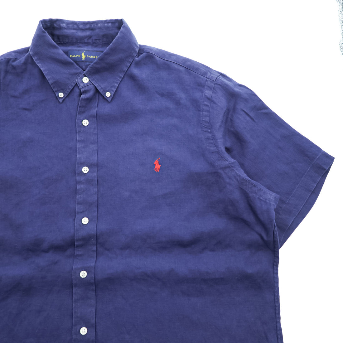Ralph Lauren リネン100% 半袖シャツ XL ネイビー 麻 スモールポニー ロゴ 刺繍 ボタンダウン