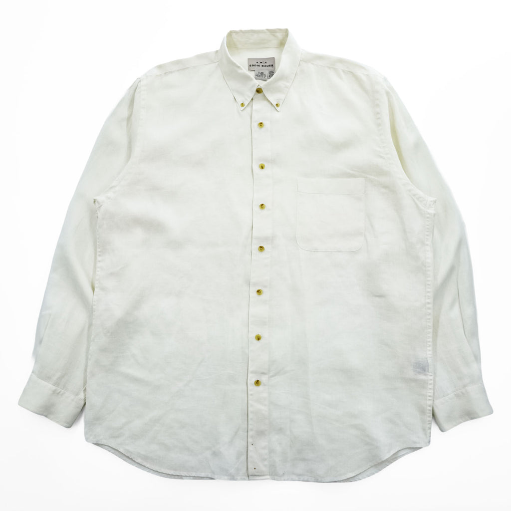 Eddie Bauer 90年代 ヴィンテージ リネン100% 長袖シャツ XL ホワイト 麻 ボタンダウン 胸ポケット