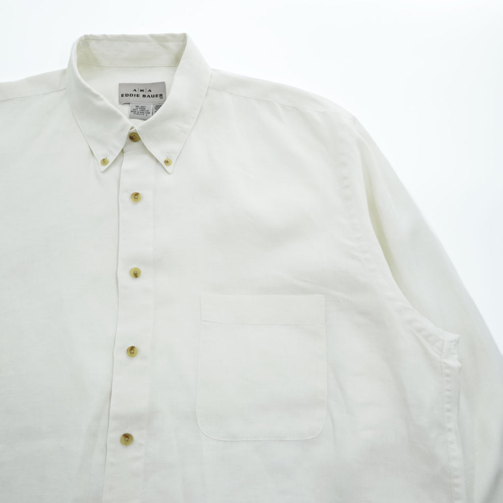 Eddie Bauer 90年代 ヴィンテージ リネン100% 長袖シャツ XL ホワイト 麻 ボタンダウン 胸ポケット