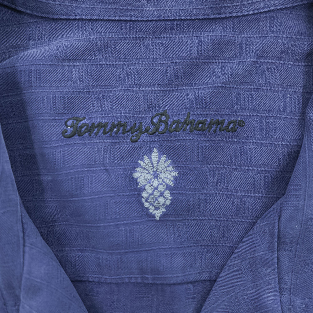 TOMMY BAHAMA 90年代 ヴィンテージ シルク100% 半袖キャンプシャツ XL ネイビー オープンカラー 開襟