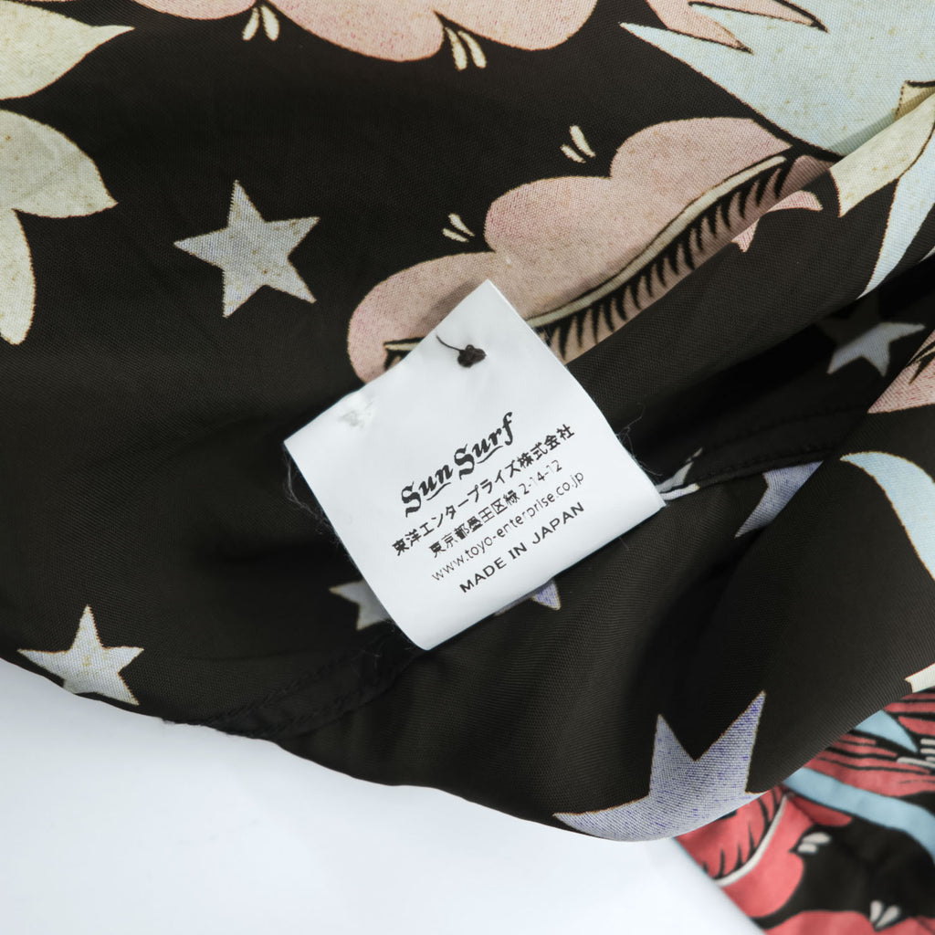 Sun Surf SS33325 Night Blooming Cereus Rayon Hawaiian Aloha Shirt Black Stars Moon Floral Made in Japan M