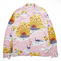SUN SURF 長袖 アロハシャツ L ピンク 総柄 PIKAKE 開襟 オープンカラー 孔雀 ちりめん SS29204 日本製