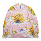 SUN SURF 長袖 アロハシャツ L ピンク 総柄 PIKAKE 開襟 オープンカラー 孔雀 ちりめん SS29204 日本製