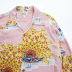 SUN SURF 長袖 アロハシャツ L ピンク 総柄 PIKAKE 開襟 オープンカラー 孔雀 ちりめん SS29204 日本製
