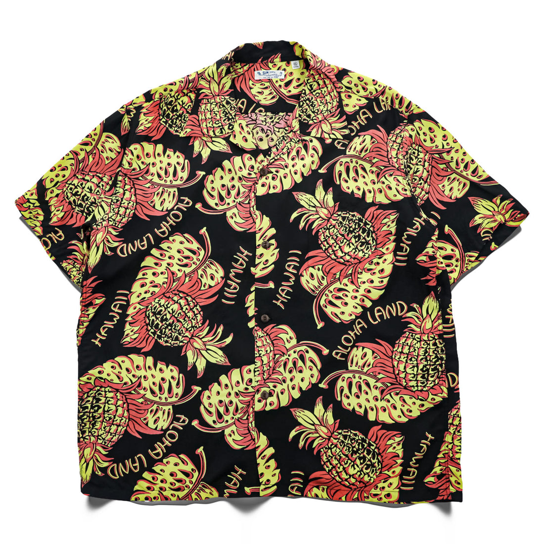 SUN SURF 日本製 アロハシャツ 半袖 オープンカラーシャツ XL ブラック 総柄 THE PINEAPPLE ISLAND 1940's KIHIKIHI SPORTSWEAR 開襟 SS39015
