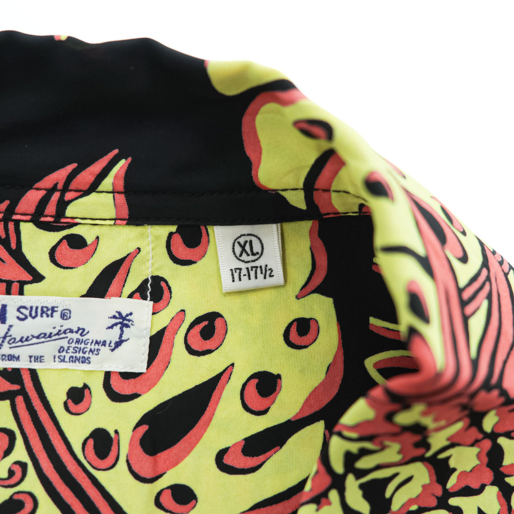 SUN SURF 日本製 アロハシャツ 半袖 オープンカラーシャツ XL ブラック 総柄 THE PINEAPPLE ISLAND 1940's KIHIKIHI SPORTSWEAR 開襟 SS39015