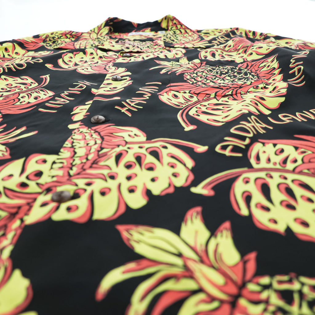 SUN SURF 日本製 アロハシャツ 半袖 オープンカラーシャツ XL ブラック 総柄 THE PINEAPPLE ISLAND 1940's KIHIKIHI SPORTSWEAR 開襟 SS39015