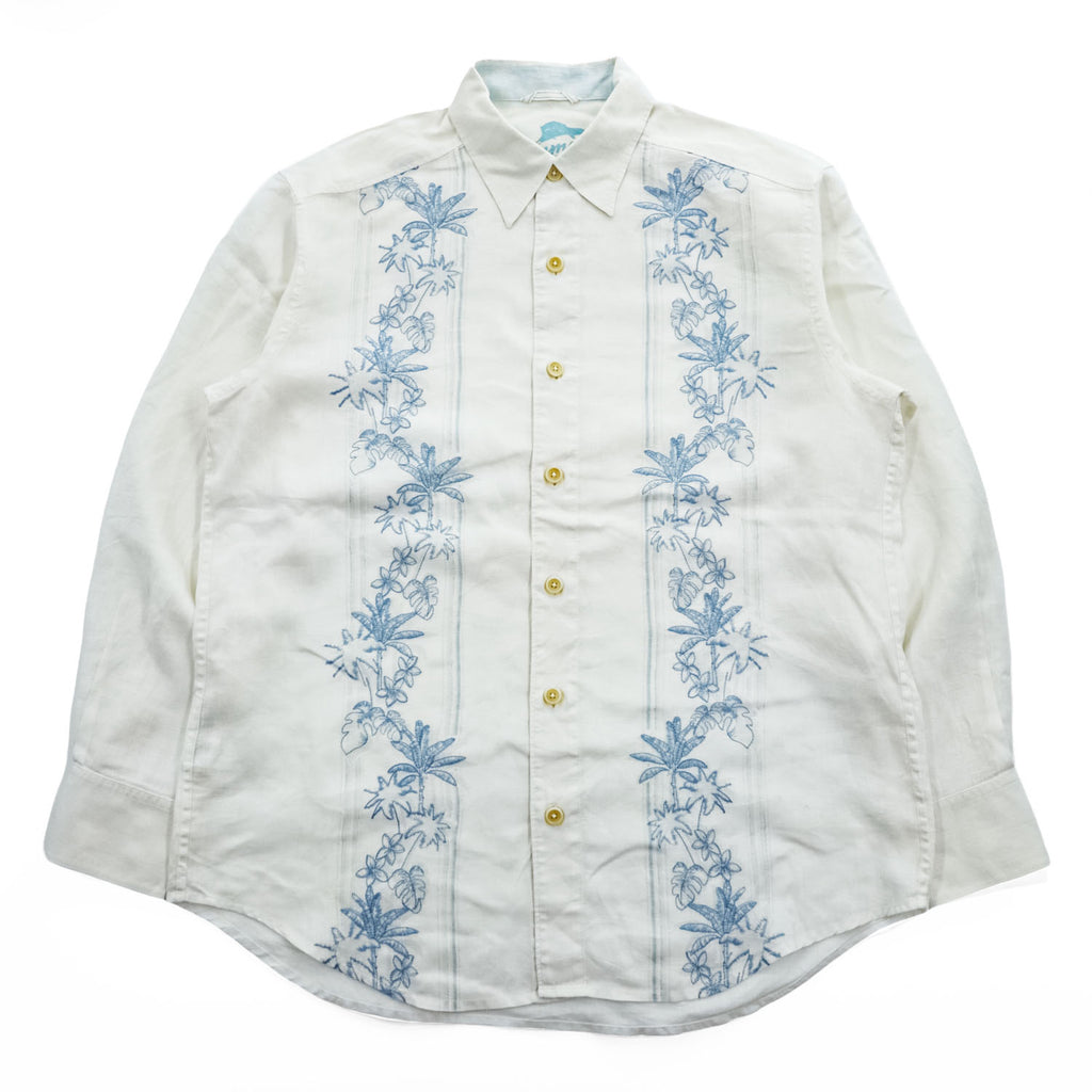 Tommy Bahama リネン100% 長袖 アロハシャツ L ホワイト ブルー 刺繍 パームツリー