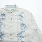 Tommy Bahama リネン100% 長袖 アロハシャツ L ホワイト ブルー 刺繍 パームツリー