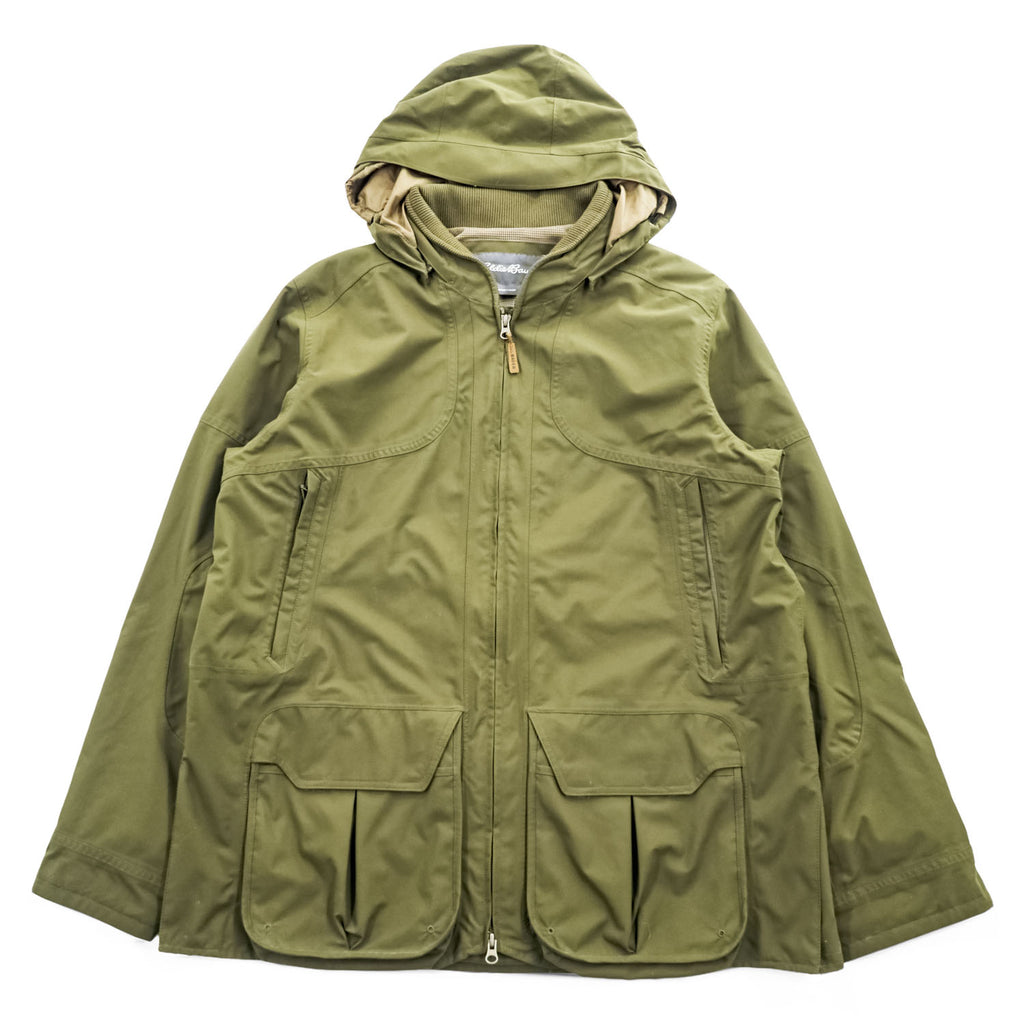 Eddie Bauer マウンテンパーカー レインジャケット L グリーン 防水 ドローコード フード着脱式 ダブルジップ WEATHER EDGE 102