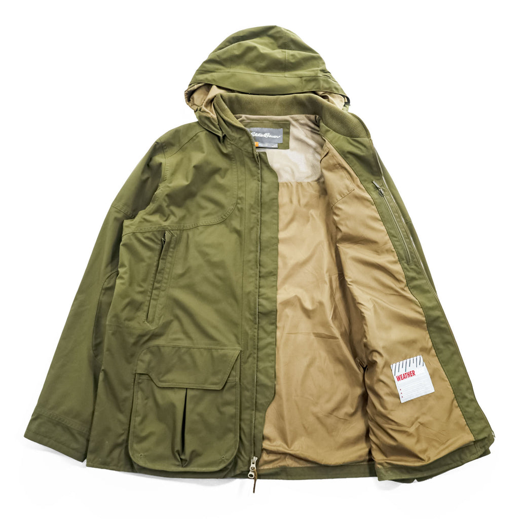 Eddie Bauer マウンテンパーカー レインジャケット L グリーン 防水 ドローコード フード着脱式 ダブルジップ WEATHER EDGE 102