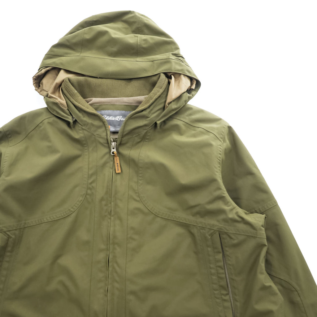 Eddie Bauer マウンテンパーカー レインジャケット L グリーン 防水 ドローコード フード着脱式 ダブルジップ WEATHER EDGE 102
