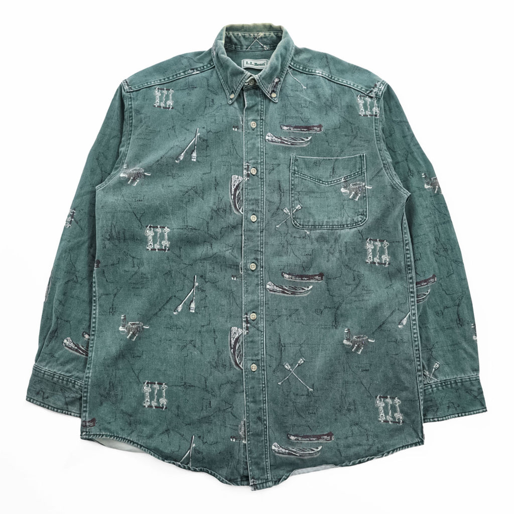 L.L.Bean 90年代 USA製 ヴィンテージ 長袖 ボタンダウンシャツ M カーキ グリーン 総柄 U697