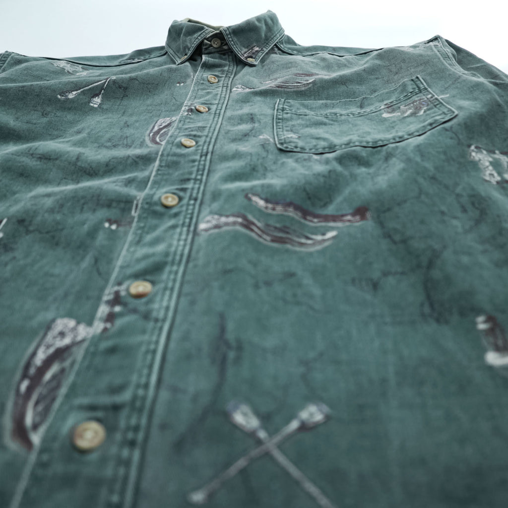 L.L.Bean 90年代 USA製 ヴィンテージ 長袖 ボタンダウンシャツ M カーキ グリーン 総柄 U697