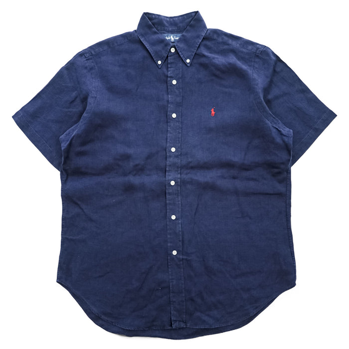Ralph Lauren 90年代 ヴィンテージ リネン100% 半袖シャツ L ネイビー 麻 スモールポニー ロゴ 刺繍 CLASSIC FIT ボタンダウン