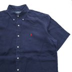 Ralph Lauren 90年代 ヴィンテージ リネン100% 半袖シャツ L ネイビー 麻 スモールポニー ロゴ 刺繍 CLASSIC FIT ボタンダウン