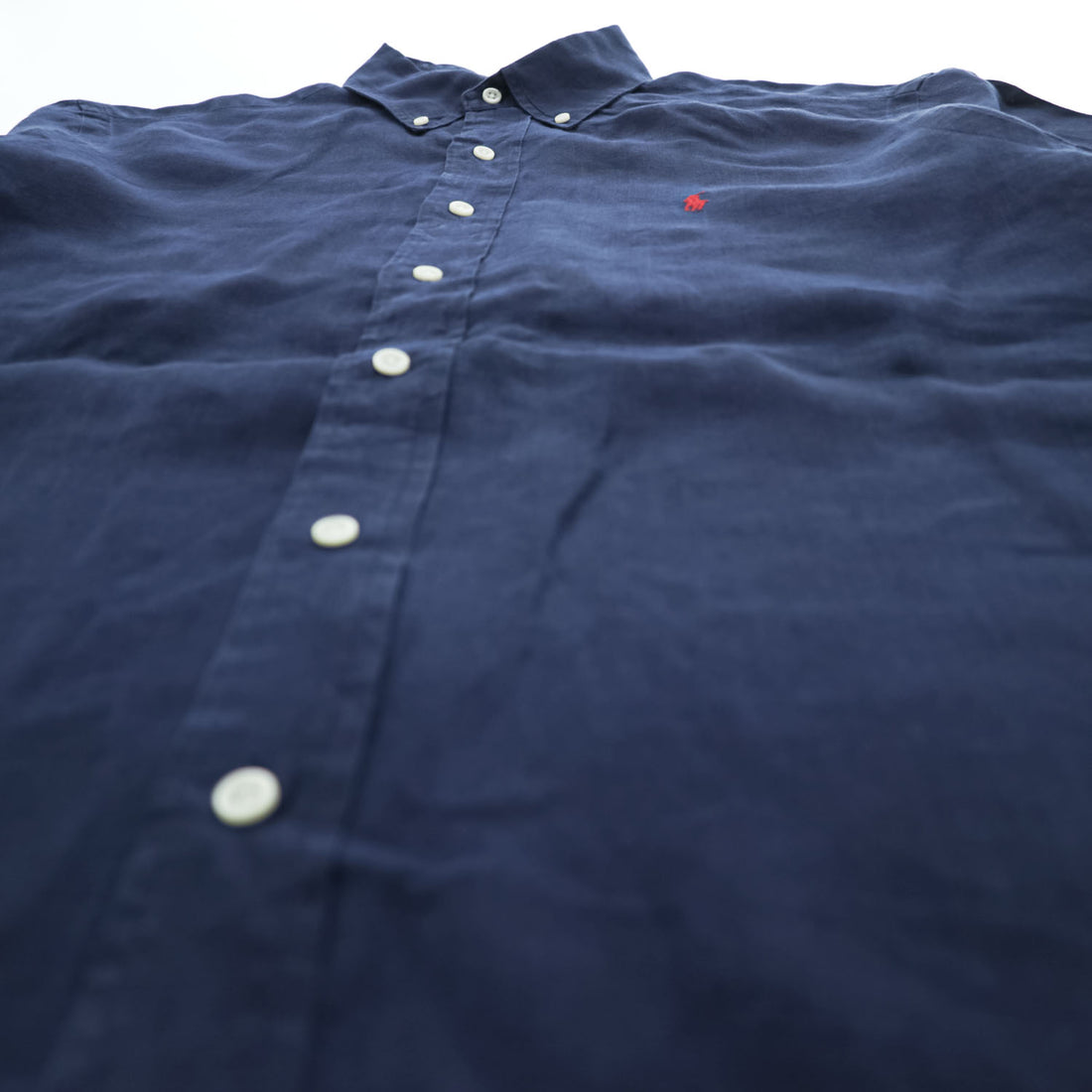 Ralph Lauren 90年代 ヴィンテージ リネン100% 半袖シャツ L ネイビー 麻 スモールポニー ロゴ 刺繍 CLASSIC FIT ボタンダウン