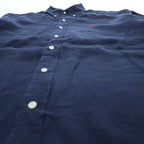Ralph Lauren 90年代 ヴィンテージ リネン100% 半袖シャツ L ネイビー 麻 スモールポニー ロゴ 刺繍 CLASSIC FIT ボタンダウン