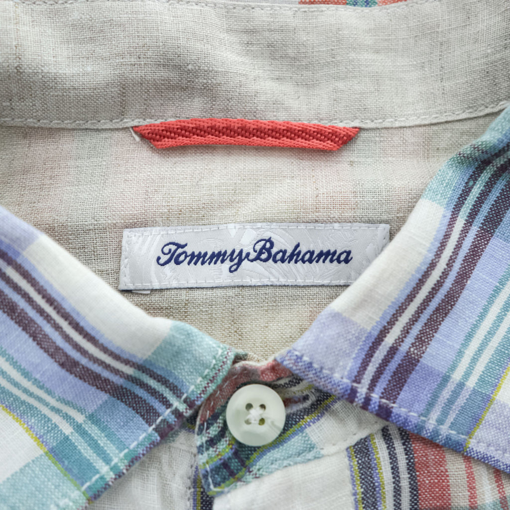 Tommy Bahama 100%リネン マドラスチェック 長袖シャツ L マルチカラー 胸ポケット 麻