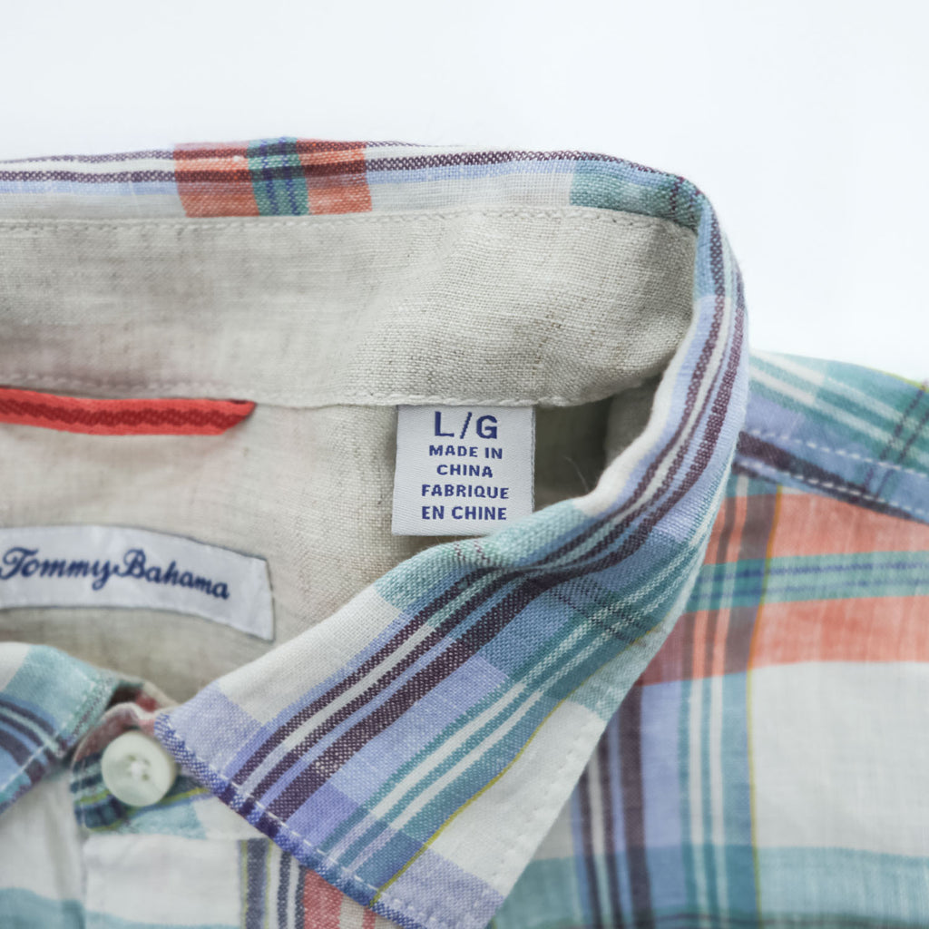 Tommy Bahama 100%リネン マドラスチェック 長袖シャツ L マルチカラー 胸ポケット 麻