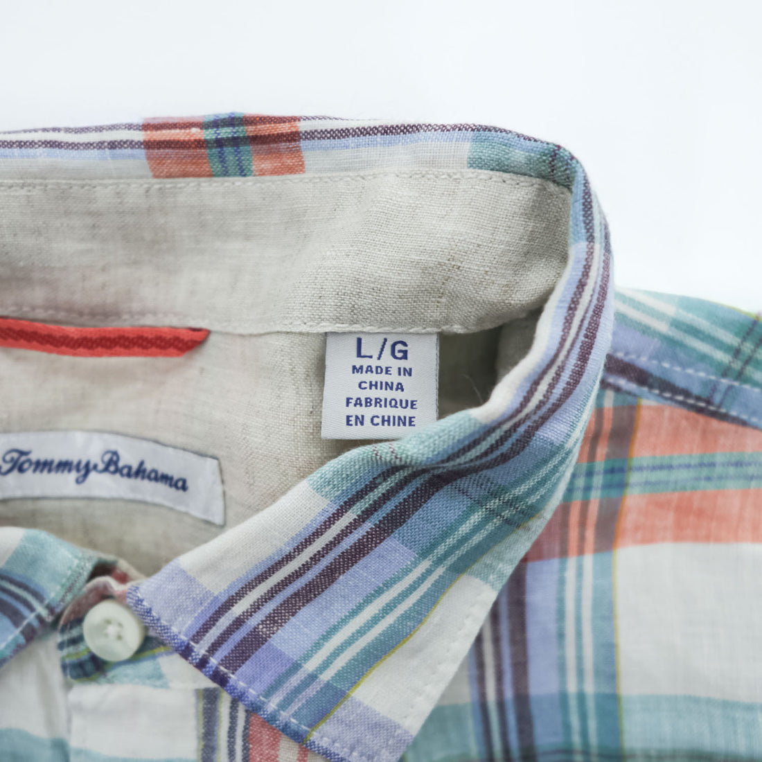 Tommy Bahama 100%リネン マドラスチェック 長袖シャツ L マルチカラー 胸ポケット 麻