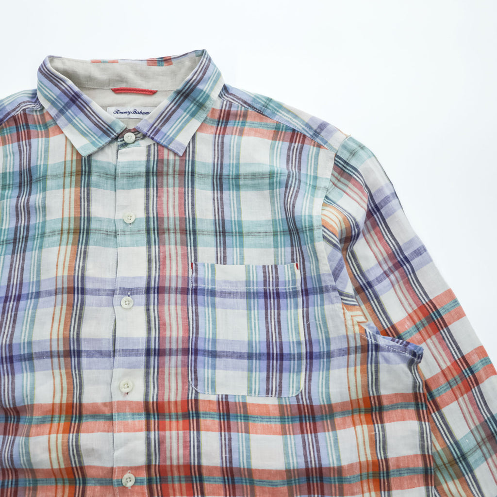 Tommy Bahama 100%リネン マドラスチェック 長袖シャツ L マルチカラー 胸ポケット 麻