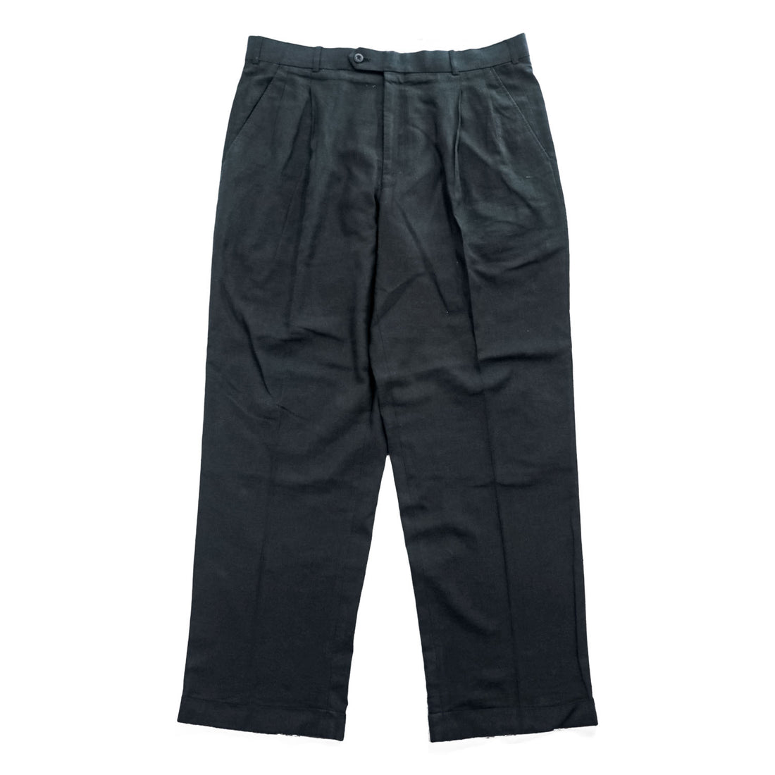 The SAVILE ROW Company リネン レーヨン ワイド 2タック スラックス パンツ L ブラック 麻 プリーツ ダブルカフス