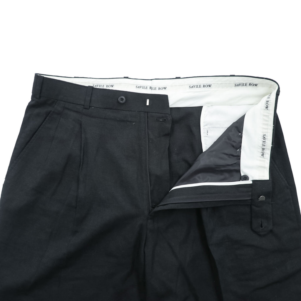 The SAVILE ROW Company リネン レーヨン ワイド 2タック スラックス パンツ L ブラック 麻 プリーツ ダブルカフス