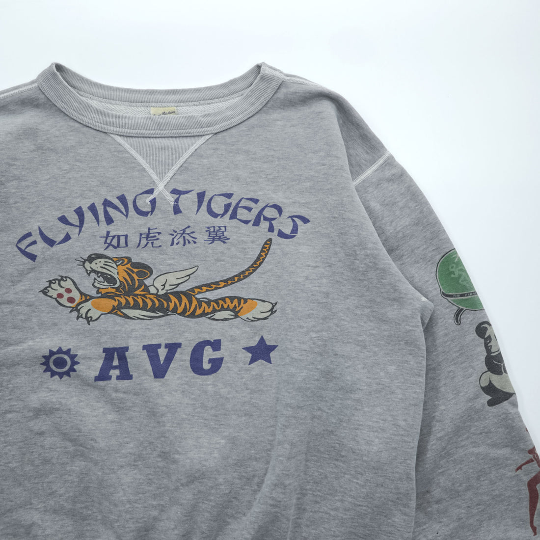 BUZZ RICKSON'S  前V スウェット ヴィンテージ加工 トレーナー L グレー FLYING TIGERS 袖プリント