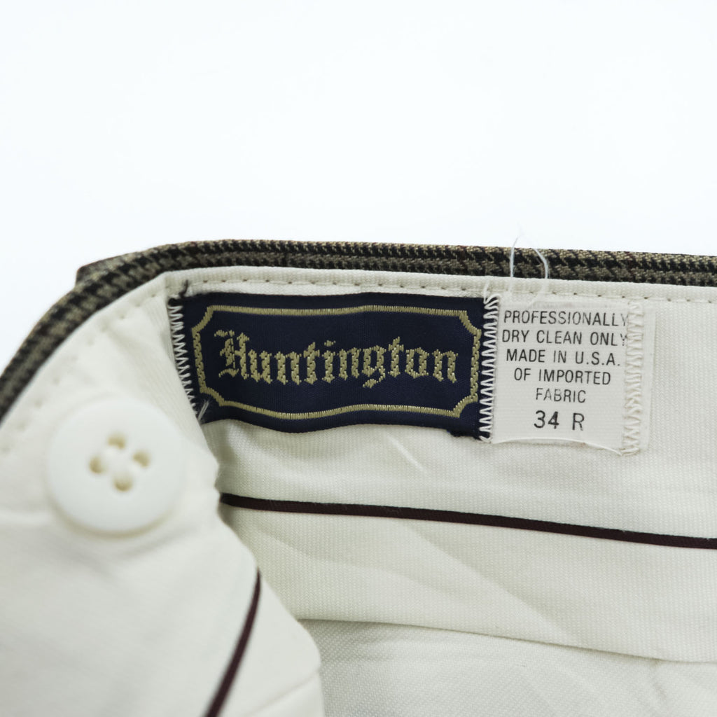 80年代 USA製 ヴィンテージ Huntington 2タック スラックス パンツ L ブラウン プリーツ グレンチェック サスペンダーボタン