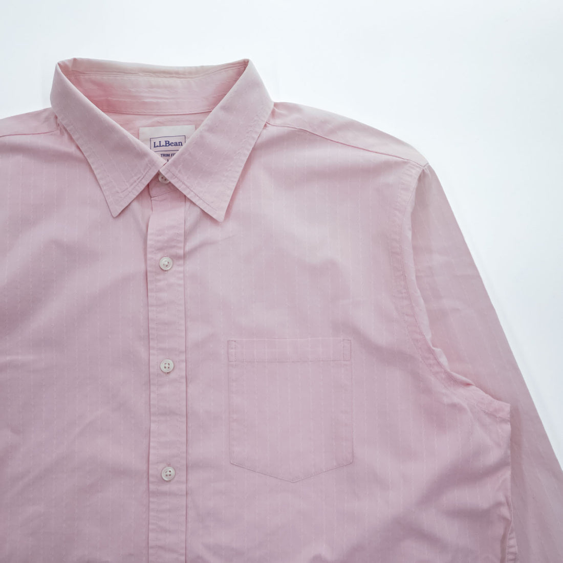 L.L.Bean 長袖 シャツ L ピンク TRIM FIT ドビー織 ストライプ 胸ポケット 0HBX9