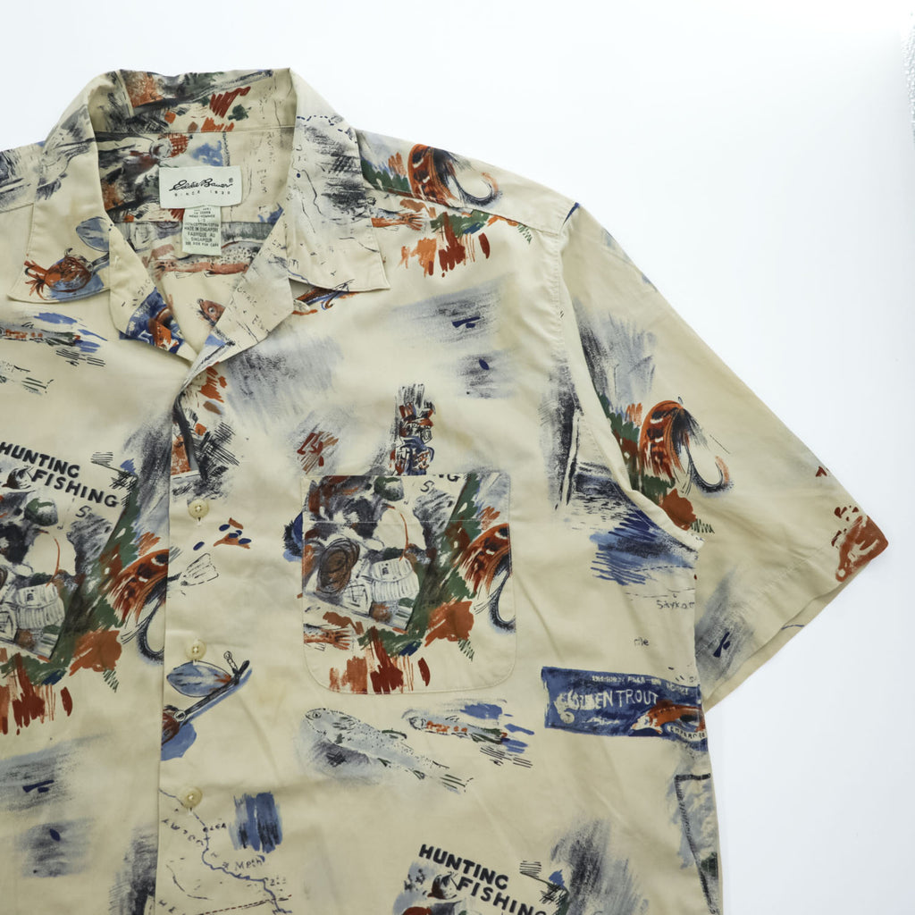 Eddie Bauer 90年代 ヴィンテージ 半袖  オープンカラーシャツ L ベージュ ブルー 総柄 ハンティング フィッシング 開襟