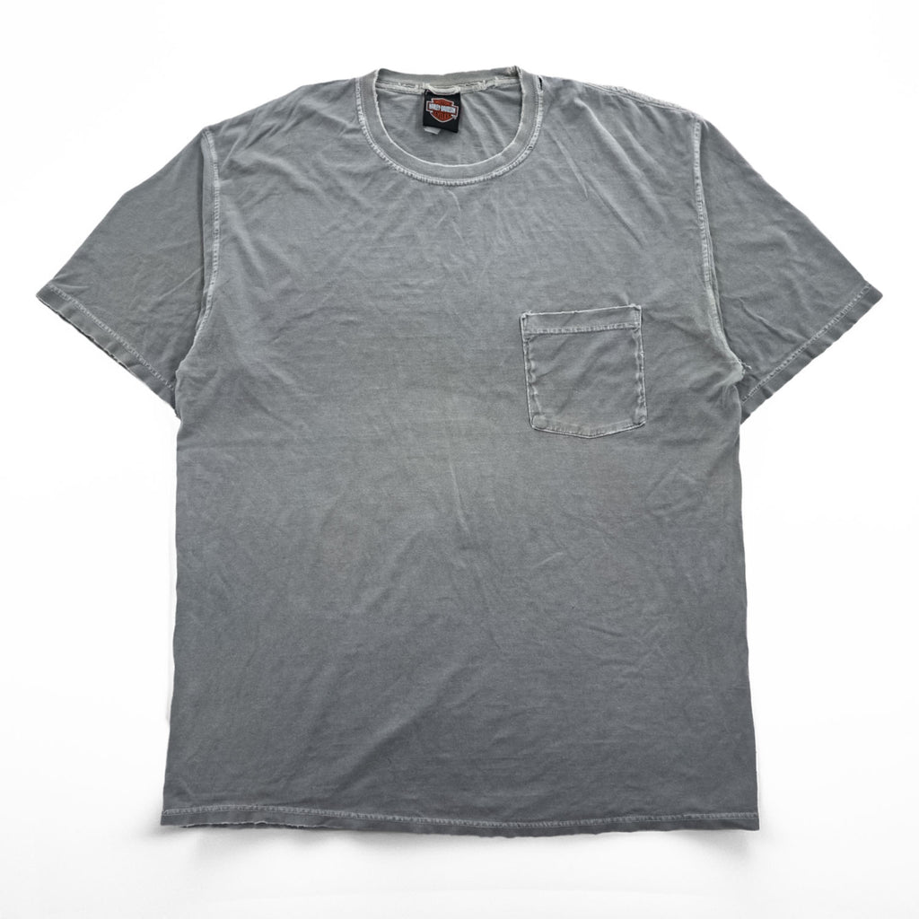HARLEY DAVIDSON ピグメント染め ダメージ加工 ポケット Tシャツ XL グレー フェード