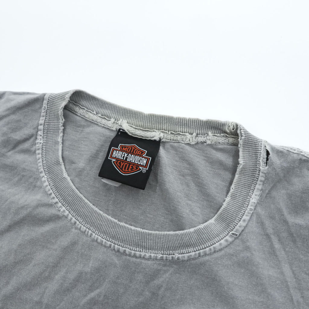 HARLEY DAVIDSON ピグメント染め ダメージ加工 ポケット Tシャツ XL グレー フェード